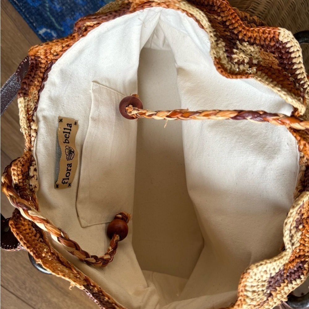 Flora Bella Anthropologie Raffia Leather Strap Shoulder Bag Detailed Pom Poms - Picture 9 of 12
